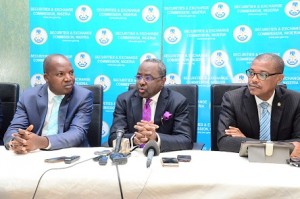 LEFT TO RIGHT: Mr.  Samuel Oluyemi, Head Business Process, NIBSS, DG SEC Mounir Gwarzo, and M.D. Sulaiman, Director FSS 2020 during the E-Dividend Registration Sensitization Town Hall Meeting in Abuja Thursday