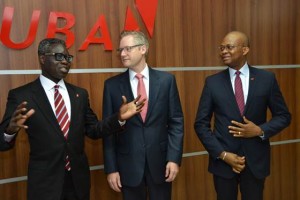 L-R: Phillips Oduoza, GMD/CEO, UBA Plc; Alexander Holmes, CEO, MoneyGram, and Kennedy Uzoka, GMD Designate, UBA Plc, during a strategic partnership meeting between UBA Plc and MoneyGram on Thursday in Lagos.