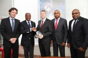 L-R: Mr. Mark Rutten, Finance Director, NB Plc; Mr. Oscar Onyeama, Chief Executive Officer, The Nigerian Stock Exchange presenting The NSE 2015 CEO’s Award for the Most Compliant Listed Firm on The Nigerian Stock Exchange to Mr. Nicolaas Vervelde, MD/CEO, NB Plc; Mr. Haruna Jalo- Waziri, Executive Director, Capital Markets Division and Mr. Kufre Ekanem, Corporate Affairs Adviser, NB Plc. 