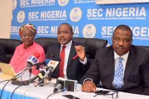 L-R: Executive Commissioner Legal and Enforcement, SEC, Sa’adatu Bello, Director General, SEC, Mounir Gwarzo, and Executive Commissioner Corporate Services, SEC, Hon.Zakawanu Garuba during the 1st Quarter Capital Market Committee meeting Press Conference in Lagos, Wednesday, April 14, 2016.