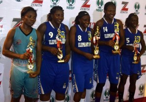 R –L: Upe Atosu, Chioma Udeaja, Nkechi Akashili, Magdalene Ukato, all Elephant Girls and Patience Okpe of Dolphin FC, recognised as the Top 5 players in the Zenith Bank Women’s Basketball Championship