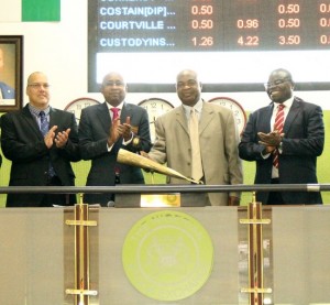 L – R shows Hennie De Waal, Non-Executive Director (South African), BOC Gases Nigeria Plc; Haruna Jalo-Waziri, Executive Director, Capital Market, The Nigerian Stock Exchange (NSE); Abiodun Alabi, Chairman BOC Gases Plc and Oyeniyi Oyedele Olawale, Non-Executive Director BOC Gases Plc at the Closing Gong Ceremony at the Exchange today.