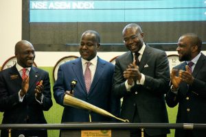 L - R (A) shows Oscar N. Onyema, OON, Chief Executive Officer, The Nigerian Stock Exchange (NSE); Rt. Hon. Yakubu Dogara, Speaker, Federal House of Representative; Aigboje Aig-Imoukhuede, CON, President, NSE and Honourable Gaza Gbefwi, Deputy Chairman, Media and Publicity, Federal House of Representative at Closing Gong Ceremony at the Exchange today.