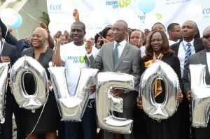 Left: Ama Okyere, Group Head, Marketing, Ecobank Transnational Incorporated (ETI); Anthony Okpanachi, Deputy Managing Director, Ecobank Nigeria; Charles Kie, Managing Director, Ecobank Nigeria and Foluke Aboderin, Deputy Managing Director, Corporate Bank, Ecobank Nigeria at the launch of new consumer banking media campaign – Move On Up in Lagos on Wednesday