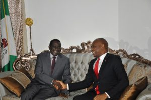 The Executive Governor of Plateau State, Mr. Simon Lalong and Chairman, UBA Plc and Heirs Holdings, Mr. Tony Elumelu, during the visit of the later to his office in Jos on Tuesday. Elumelu was in Plateau where he delivered a paper titled Entrepreneurship, Corporate Social Responsibility and Africapitalism: The Role of the Private Sector in Fighting Poverty in Nigeria at the National Institute for Policy and Strategic Studies, Kuru , Plateau State