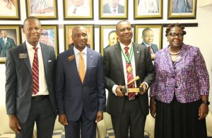 L – R  shows: Mr. Ade Bajomo, ED, Market Operations & Technology, NSE; Mr. Oscar  Onyema, CEO, NSE; Deacon Titus Soetan, President, Institute of Chartered Accountant of Nigeria (ICAN) and Tinuade Awe, General Counsel and Head, Regulation, NSE at the Closing Gong Ceremony at the NSE on Tuesday.