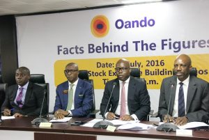 shows Tony Ibeziako, Head, Domestic Market, The Nigerian Stock Exchange (NSE); Oscar N. Onyema, OON, Chief Executive Officer, NSE; Mr. Jubril Adewale Tinubu, Group Chief Executive, Oando Plc and Mr. Olufemi Adeyemo, Group Chief Financial Officer, Oando Plc at the Facts Behind the Figures presentation at the Exchange today. 