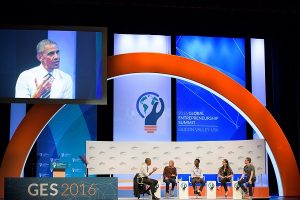 Barack Obama, left, and entrepreneurs Mai Medhat, Jean Bosco Nzeyimana, and Mariana Costa Checa with Mark Zuckerberg, CEO of Facebook. 2016 Global Entrepreneurship Summit, Friday Closing Plenary session