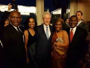 President/CE, Dangote Industries Limited, Aliko Dangote; Halima Dangote, Executive Director, Dangote Industries Limited; Chairman, Heirs Holdings, Tony Elumelu and Mimi Alemayehou, Blackstone, celebrating with Former President Bill Clinton at his 70th birthday at the Rockerfeller Plaza, New York. 