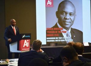 Mr. Tony Elumelu, Chairman Heirs Holdings and recipient of the 'Person of the year’ award, speaking shortly after receiving the award at the NASDAQ office in New York.