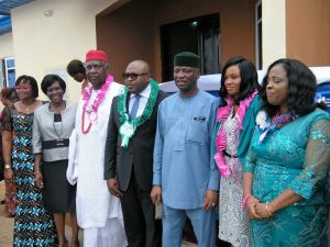 L-R: Mrs. Eteh Emma-Uche, Aba Brewery Master Brewer;  Mrs. Margaret Enonuya, Principal, Federal Government Girls College, Onitsha; Chief Chukwuemeka Oseneman, who represented the Obi of Onitsha; Mr. Kufre Ekanem, Corporate Affairs Adviser, Nigerian Breweries Plc; Minister of State for Education, Professor Anthony Anwukah;  Mrs. Roseline Obi, the 2015 Maltina Teacher of the Year; and Professor Kate Omenugha, Anambra State Commissioner for Education, who represented the Governor, Mr. Peter Obiano at the commissioning on Tuesday, of a block of staff quarters built by Nigerian Breweries-Felix Ohiwerei Education Trust Fund at Federal Government Girl College, Onitsha, Anambra State, where Mrs. Roseline Obi, the 2015 Maltina Teacher of the Year, teaches.