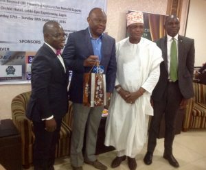 L -R; The Chairman, Finance Correspondents Association of Nigeria (FICAN) Mr Babajide Komolafe, MD/CEO, Fidelity Bank Plc., Mr Nnamdi Okonkwo, Otumba Francis Bashiru of Manufacturers Association of Nigeria (MAN) and the Group Head, Agric Finance, Heritage Bank Limited, Olugbenga Awe during a gift presentation to Fidelity Bank MD/CEO at the 2016 Annual Conference organized by FICAN in Lekki, Lagos this weekend. 