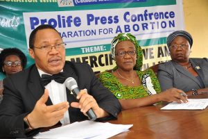 L-R: Knights of Saint Mulumba, Lagos Metropolitan Grand Knight, Dr. Charles Mbelede; Ladies of Saint Mulumba (LSM), Financial Secretary, Lagos Metropolitan Council, Lady Bridget Edoro; Pro Life Consultant, Dr. (Mrs) Henrietta Williams (Representative of Family and Human Life Unit, Catholic Archdiocese of Lagos) at a Press Conference to signpost the 2016 Vigil on abortion by Knights of Saint Mulumba, on Thursday, September 8, 2016