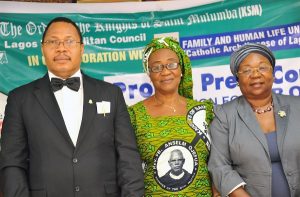 Knights of Saint Mulumba, Lagos Metropolitan Grand Knight, Dr. Charles Mbelede; Ladies of Saint Mulumba (LSM), Financial Secretary, Lagos Metropolitan Council, Lady Bridget Edoro; Pro Life Consultant, Dr. (Mrs) Henrietta Williams (Representative of Family and Human Life Unit, Catholic Archdiocese of Lagos) at a Press Conference to signpost the 2016 Vigil on abortion by Knights of Saint Mulumba, on Thursday, September 8, 2016 