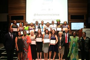 L'Oréal-UNESCO For Women in Science 2016 fellows with (Front row from left) Dr Phil Mjwara, Director General: Department of Science of Technology, Dr Madhvee Madhou, Jury member, Professor Mabel Imbuga, Jury member, Ambassador of France to South Africa, HE Elisabeth Barbier , Sandeep Rai, Managing Director, L’Oreal South Africa, Dr Peggy Oti-Boateng,UNESCO Regional Science Advisor, Coordinator ANSTI, Professor Quarraisha Abdool Karim, 2016 L'Oréal-UNESCO For Women In Science Laureate