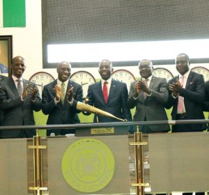 L – R (PIX B) Auwalu Babura, Executive Director Finance & Admi,  Red Star Express Plc; Oscar N. Onyema, OON, Chief Executive Officer, The Nigerian Stock Exchange (NSE); Sola Obabori, Managing Director/CEO, Red Star Express Plc; Victor Ukwat, Executive Director Sales & Marketing, Red Star Express Plc and Enoma Ojo, Divisional Managing Director, Red Star Support Services Limited at the Closing Gong Ceremony at the NSE today. 