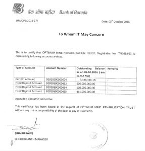 Certificate from Bank of Baroda (dated 5 October 2016) which confirms the balance of the Rehabilitation Fund