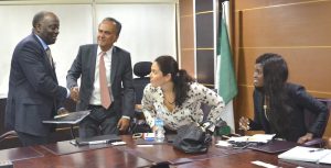 L-R: Mr. Kola Ayeye, Executive Director, Asset Management Corporation of Nigeria (AMCON); welcoming Mr. Razi Amin, Senior Adviser, Financial Institutions Group of International Finance Corporation (IFC); Ashleigh Martina Flesher, Investment Officer, Financial Institutions Group and Maty Ndiaye, Managing Director, Duet Private Equity Limited, London when a combined team from IFC and Duet paid a business visit to AMCON in Lagos on Thursday