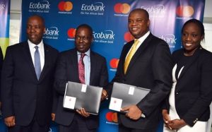 From left, Group Executive, Consumer Banking, PatrickAkinwuntan, Group Chief Executive Officer, Ade Ayeyemi, both of Ecobank Transnational Incorporated (ETI); Division President, Sub Saharan African, Mr. Daniel Monehin and Area Business Head, West Africa, Omokehinde Adebajo both of. MasterCard at a Memorandum of Understanding (MoU) signing ceremony between Ecobank and MasterCard held at Ecobank Head Office, Victoria Island in Lagos.recently