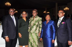 L –R: Managing Director/CEO, First Bank of Nigeria Limited and Subsidiaries, Dr. Adesola Adeduntan; Chairman, First Bank of Nigeria Limited, Mrs. Ibukun Awosika; Honourable Minister of Finance, Mrs. Kemi Adeosun; Former Deputy Governor of  Lagos State, Mrs. Sarah Sosan; and Deputy Managing Director, First Bank of Nigeria Limited, Mr. Gbenga Shobo at the launch of FirstGem - a New Lifestyle Offering for Women  