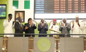 L – R: shows Mr. Segun Ajayi-Kadir, DG MAN; Engr. R.I Odiah, Chairman, Economic Policy Committee, MAN; Mr. Christos Giannopoulos, Vice President, Multinational, MAN; Oscar Onyema, CEO NSE; Dr. Frank S. Udemba Jacobs, President, MAN; Rev I.A Agoye, Vice President (Lagos Zone) & Honourary National Treasurer, MAN; and Otunba Francis Meshioye, Chairman, Finance & Establishment Committee, MAN at the Closing Gong Ceremony at The Exchange on Wednesday.
