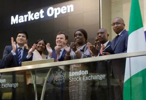L – R shows, Nikhil Rathi, CEO, London Stock Exchange (LSE); Chinelo Anohu-Amazu, DG,  National Pension Commission (PENCOM); Greg Hands, UK Minister for International Trade; Kemi Adeosun, Honourable Minister of Finance, Federal Republic of Nigeria; Bukar Kyari, MD, Central Securities Clearing System (CSCS) Plc; Oscar  Onyema, CEO NSE; Haruna Jalo-Waziri, ED, Capital Markets Division, NSE at the Opening Bell Ceremony of the London Stock Exchange.