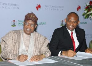 L-R: Minister of Information, Culture and Tourism , Alhaji Lai Mohammed and Chairman Heirs Holdings and Founder, The Tony Elumelu Foundation(TEF), Mr. Tony Elumelu, at the signing of Memorandum of Understanding between the Nigerian Ministry of Information, Culture and Tourism and the Tony Elumelu Foundation to develop a framework in support of the Nigerian creative industry, which was held at the National Arts Theater, Lagos on Tuesday