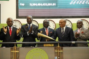  L – R: Shows Prof. Edward Alikor, Non-Executive Board Member, The Initiates Plc; Oscar. Onyema, CEO, NSE; Joseph Ogbonna Anosike, Chairman, The Initiates Plc; Ossai Reuben Mustapha, MD/CEO and Joseph Ebinum, Non-Executive Board Member, The Initiates Plc at listing of The Initiates Plc at the Exchange on Tuesday. 