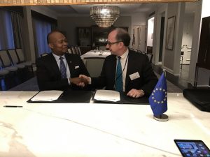 Group Managing Director/CEO, UBA Plc, Mr. Kennedy Uzoka and Vice President of the European Investment Bank(EIB), Mr. Ambrose Fayolle, during the agreement signing ceremony for 60 million euros facility from EIB for on-lending to Nigerian businesses, in Washington DC during the world bank IMF meetings at the weekend;