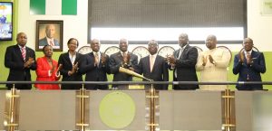 L – R : shows Haruna Jalo-Waziri, ED, Capital Markets Division, NSE; Buki Abu, ETF Product Manager, NSE;  Oyelade Eigbe, Head of Investments, Vetiva Fund Managers Limited; Damilola Ajayi, MD/CEO, Vetiva Fund Manager Limited; Oscar  Onyema, CEO NSE; Prof. Fidelis Oditah (QC, SAN), Group Chairman, Vetiva; Dr. Olaolu Mudasiru, Group Deputy Managing Director/COO, Vetiva; Oladele Afolabi, Head, Portfolio Management, Debt Management Office (DMO) and Dipo Omotoso, Head, Secondary Market, NSE at the Listing of Vetiva S&P Bond ETF at the Exchange on Monday.