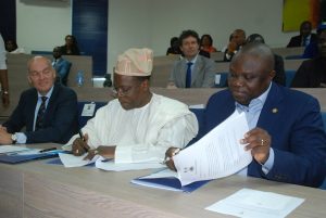 From Left to Right: Mr. Henk Mymenga, Technical Director, Nigerian Breweries Plc; Chief Kola Jamodu, Chairman, Nigerian Breweries Plc; and Governor Akinwunmi Ambode of Lagos, during the governor’s visit to the company and the signing of the Memorandum of Understanding on “One Lagos Fiesta” on Tuesday.