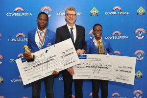 L-R: Oguntade Ayooluwa, Winner, Seniour Category Olivier Thiry, MD, Promasidor and Juliet Okoko, Winner Juniour Category.