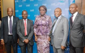 L-R; Chairman, Ecobank Nigeria, Mr. John Aboh; Group/CEO, Ecobank Transnational Incorporated (ETI), Mr. Ade Ayeyemi; Hon.Minister of Finance, Mrs. Kemi Adeosun; Chairman, Ecobank Transnational Incorporated (ETI), Mr. Emmanuel Ikhazobor; and the Managing Director, Ecobank Nigeria, Mr. Charles Kie, at the Ecobank Corporate and Investment Customers Forum, held at Eko Hotel in Lagos, yesterday
. SUNDAY ADIGUN