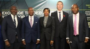 L – R:  Shows Efiok E. Efiok, Head, Investment Management Department, SEC; Oscar Onyema, CEO, NSE; Hajara Adeola, MD, Lotus Capital Limited; Gareth Allison, ED & Head of Sub-Saharan Africa Client Coverage Team, MCSI and Shuaib Audu, ED, Stanbic IBTC Asset Management at The NSE Exchange Traded Fund (ETF) Workshop 2016 on Monday.