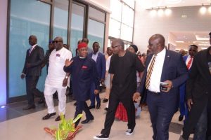 Left: Deputy Governor, Abia State, Mr Ude Oko Chukwu; Governor, Abia State, Dr. Okezie Victor Ikpeazu; Former Governor, Abia State, Senator Theodore Orji; Managing Director, Abia Retail Mall, Mr. Chuka Okoye and Team Lead, Medium and Local Corporates, South East, Ecobank Nigeria, Chinedum Jovita Okeahialam, during the commissioning of Abia Retail Mall –Shoprite in Umuahia, Abia State recently
