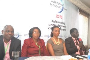 L-R: Mr Kanmi Ayodeji, Manager Planning, Department of Petroleum Resources, representing Mr. Mordecai Ladan, Director, DPR; Mrs Omolara Aromolaran, MD/CEO, Crown Natures Nigeria Plc; Tobe Ifeanyi, Manager, Marketing and Communications, Junior Achievement Nigeria (JAN); and Dr Dele Oyeku, Director, Extension & Linkage,  Federal Institute of Industrial Research Oshodi (FIIRO), representing Dr. Gloria Elemo, Director General/CEO, FIIRO, at the WorldStage Economic Summit 2016 at the Lagoon Restaurant, Victoria Island, Lagos, Nigeria on Wednesday, November 16, 2016. 