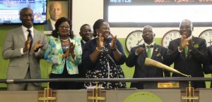 L  - R: Shows Mr. Bola Adeeko, Head, Corporate Services Division, NSE;  Otunba (Mrs.) ‘Debola Osibogun, FCIB, Immediate Past President,  Chartered Institute of Bankers of Nigeria (CIBN); Mr. Olumide Lala, Head, Transformation and Change, NSE; Ms. Tinuade Awe, General Counsel and Head of Regulation Division, NSE;  Professor Segun Ajibola, FCIB, President, CIBN and Mr. Bayo Olugbemi , FCIB, Second Vice President, CIBN at the Closing Gong Ceremony at the NSE on Monday.