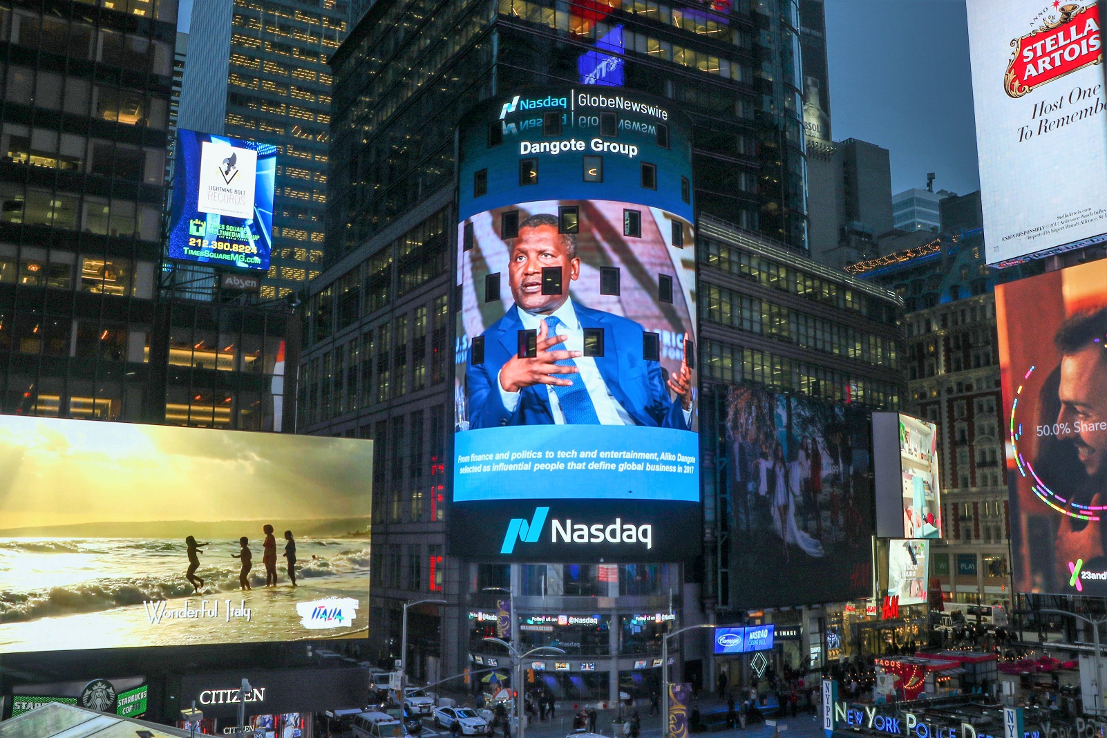 Aliko Dangote on the Nasdaq Tower in Times Square, New York
