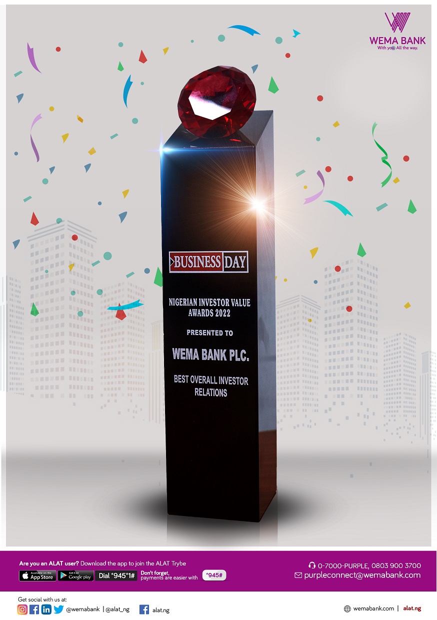 Wema Bank Voted ‘Best Overall Investor Relations’ Brand at NIVA Awards 2022